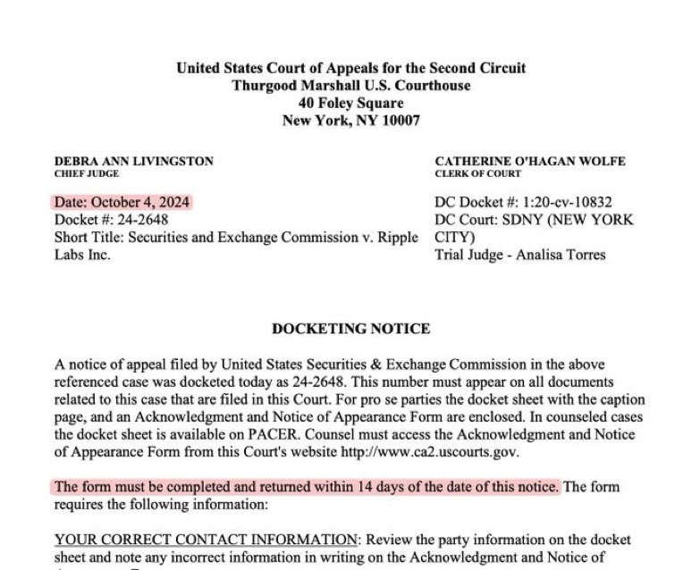 Avis d'appel de la SEC dans l'affaire Ripple XRP