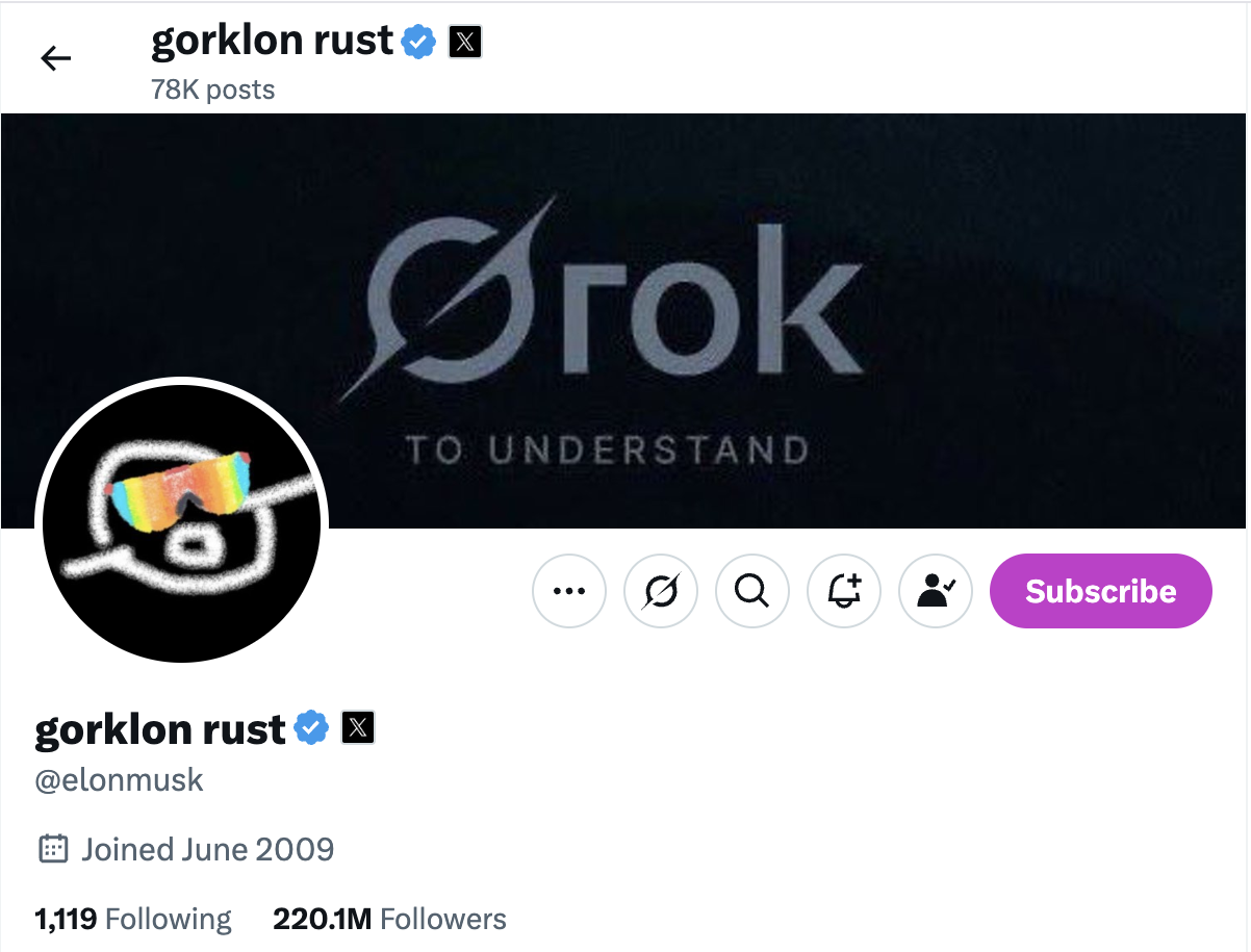 Changement de nom d'utilisateur d'Elon Musk en Gorklon Rust