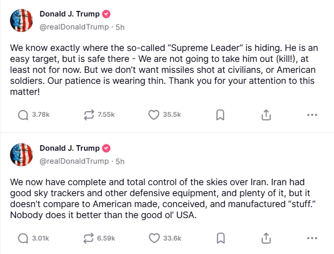 Warning US President Donald Trump about conflict of 17 June 2025. Source: Truth Social