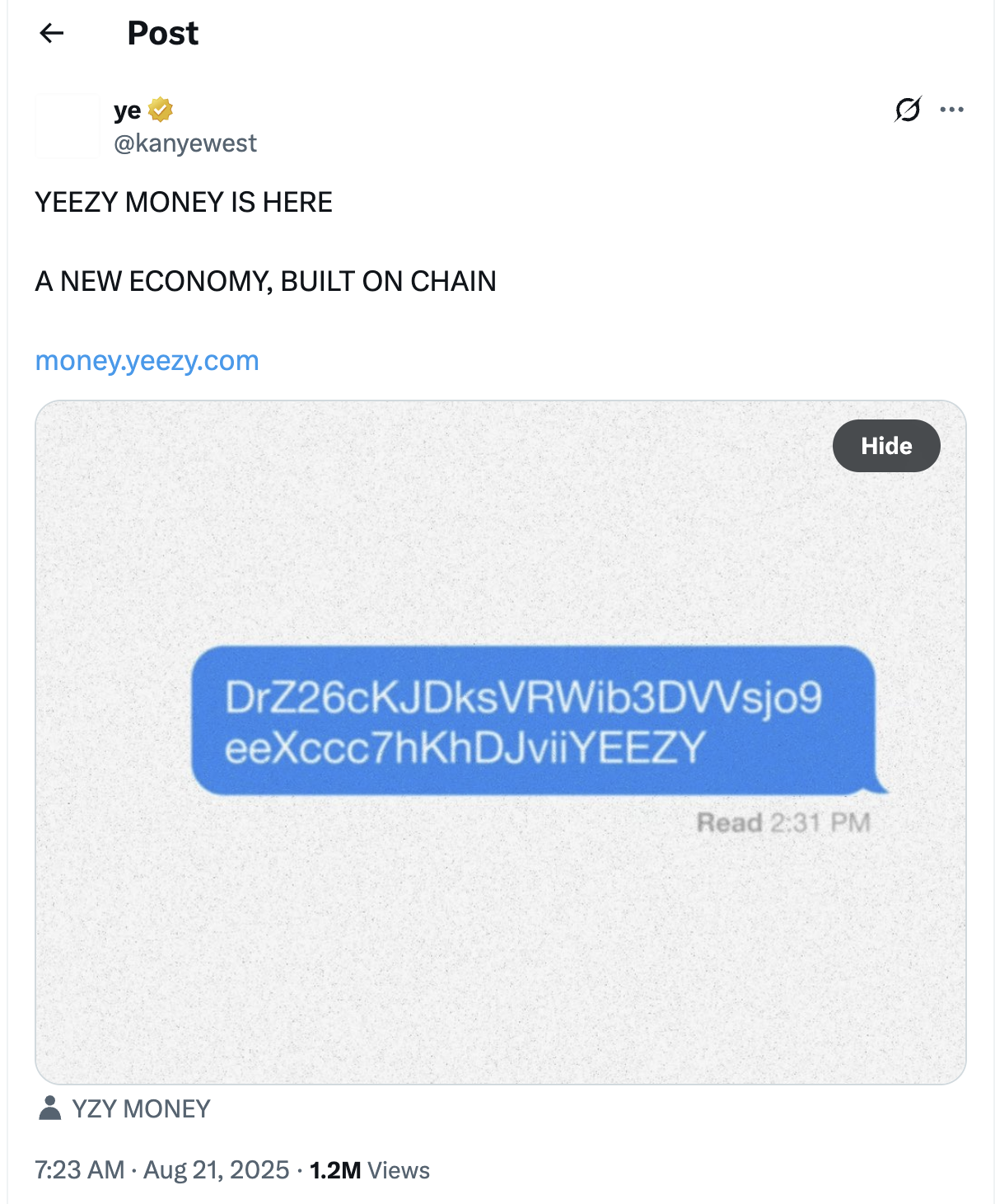 Lancement du jeton YZY